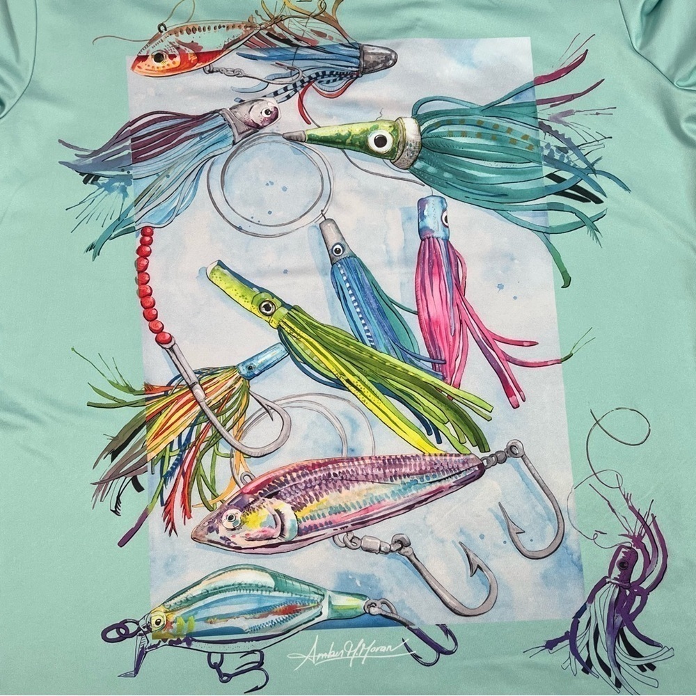 Art & Sol Amber Moran Womens Shirt Seafoam Fishing Lures Stretch V Neck Medium - Picture 6 of 10
